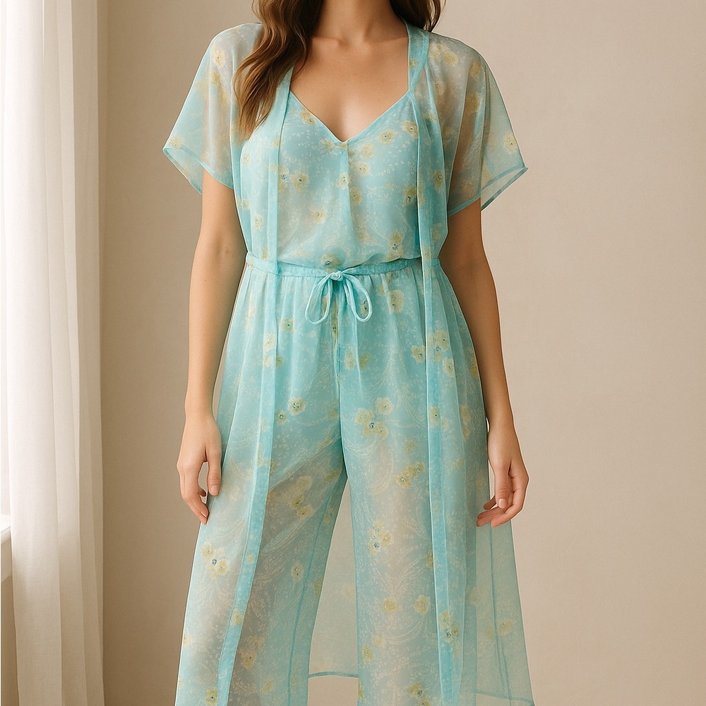 Oscar de‎ la Renta Light Blue Floral Robe Set